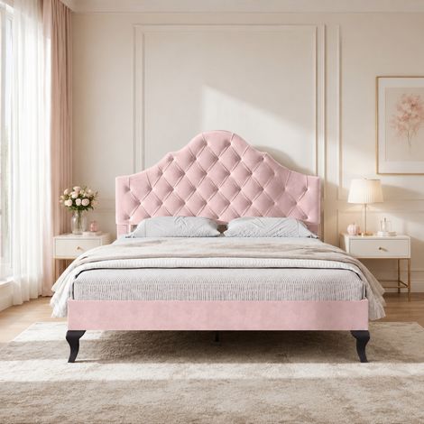 DESMIU Lit adulte 140 × 200 cm 2 places avec tête de lit réglable, sans matelas, en velours, rose (1/5)