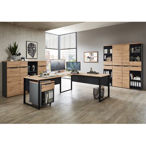 Büromöbel Set 8-teilig MANRESA-36 mit Winkelschreibtisch in graphit und Eiche (1/5)