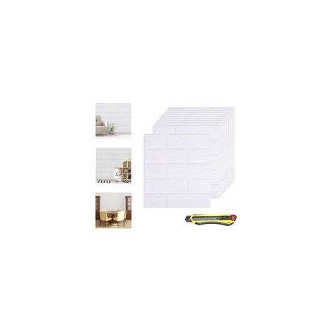 10 Pièces Papier Peint Brique 3D, Adhesif Imitation Brique Blanc Stickers Muraux, Étanche pour Décoration, Bricolage panneau mural decoratif pour Chambre Maison Cuisine (35x38.5 cm, Blanc)