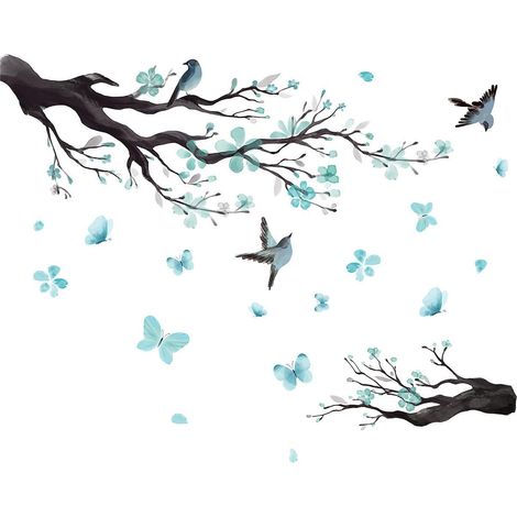stickers Muraux Branche De Fleur Autocollant Mural Fleurs Bleues Arbre Oiseaux Dcoration Murale Enfants Chambre Salon (1/5)