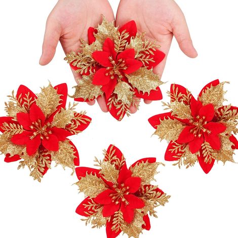 12 flores artificiales de Pascua con purpurina y tallos de clip para decoración de bodas y fiestas (rojas) - 14 cm (1/4)