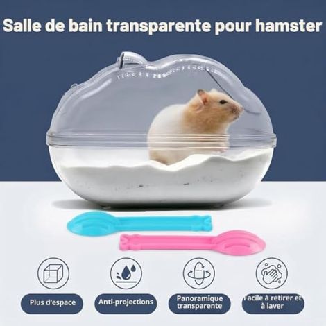 Bain de sable transparent pour hamster, récipient de bain amovible avec 2 pelles, petit animal de compagnie avec plateau anti-déversement pour hamsters nains, gerbilles, souris et petits rongeurs, 16 (1/3)