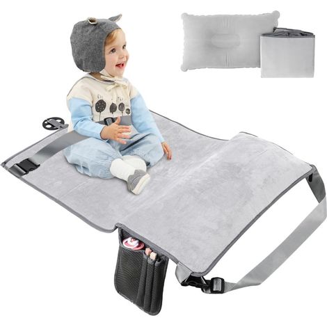 Lit de voyage gris pour tout-petits - Avion portable,Rallonge de siège auto, repose-pieds gonflable et tapis moelleux, pliable avec rangement pour les voyages (1/5)