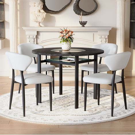 Conjunto de mesa redonda de 100 cm con 4 sillas blancas PU y sobre efecto madera negro OKWISH (1/5)