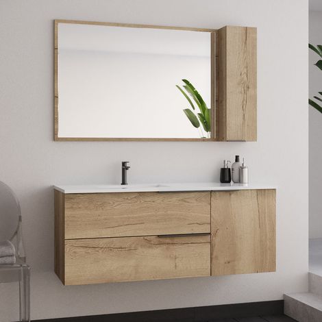 Meuble de salle de bain 120cm vasque déportée - 2 tiroirs - miroir avec armoirette - roble (chêne clair) - KING (1/5)