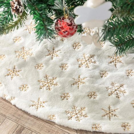 Tapis de sapin de Noël en peluche DegGod, luxueux tapis de protection pour pied de sapin en fausse fourrure blanche neige orné de flocons de neige dorés, idéal pour les fêtes de Noël et du Nouvel An à (1/5)