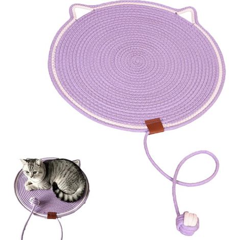 Griffoir en corde de coton tressée avec balle autoportante - Griffoir pour chats - violet - Griffoir et balle de jeu intégrés - 42 cm - Griffoir en corde de coton naturel - Griffoir rond horizontal vi (1/5)