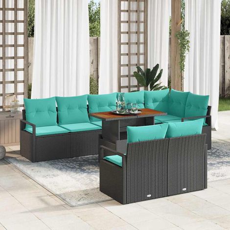 Salon de Jardin Modulable 8 Places en Rattan Synthétique et Acier Noir et Turquoise 9 Pcs - PANGIVO (1/5)