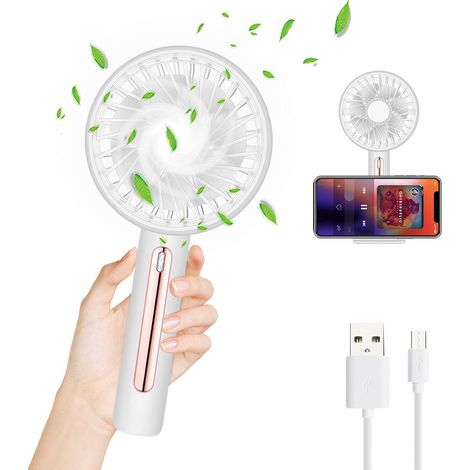 Mini ventilateur de poche rechargeable USB avec base, ventilateur portable silencieux à main, 4 vitesses, utilisation sur table ou à la main, pour maison, bureau, voyage, voiture, blanc (1/5)