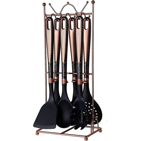 Ensemble d’ustensiles de cuisine en silicone pour poêles antiadhésives, spatule + louche + écumoire + passoire, motif pierre noir et doré, modèle CR-BX01 (1/5)
