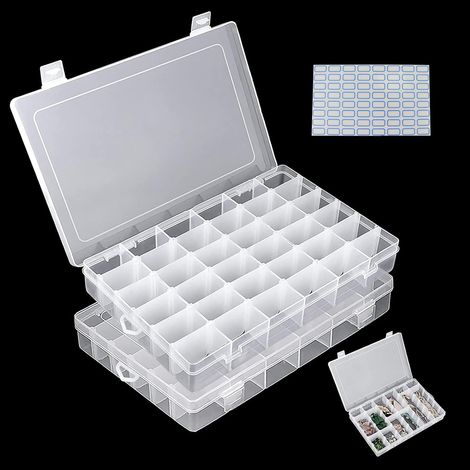 2 Pack 36 Compartments Adjustable Plastic Small Parts Storage Box with Label for Jewelry Beads Other Mini Goods (1/5)