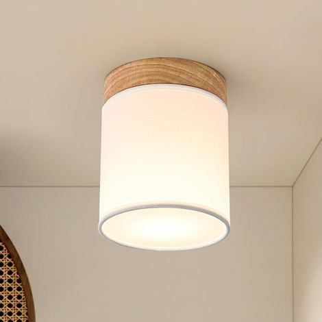 Deckenstrahler aus Holz, E14-Fassung, max. 30 W, weißer Stoffschirm, Retro-Stil für Wohnzimmer, Schlafzimmer und Küche (1/5)
