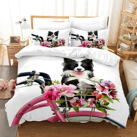 Bettwäsche 200x200 cm 3D Border Collie Mikrofaser 3-teilig mit 2 Kissenbezügen 80x80 cm