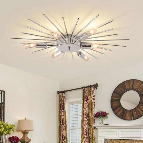 Sputnik Flush Mount Ceiling Light 60cm Modern Dimmable Firework Ceiling Lamp, 6-Light Chrome Ceiling Light for Living Room, Bedroom, Dining Room