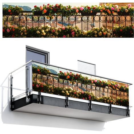 SCHERMO PER LA PRIVACY DEL BALCONE Fiori - Recinzione - Paesaggio urbano - Estate 300x80 cm (1/4)