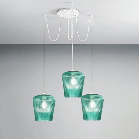 Sospensione vetro verde gea luce numa bt3 ve e27 led lampada soffitto decentramento moderna, finitura metallo bianco