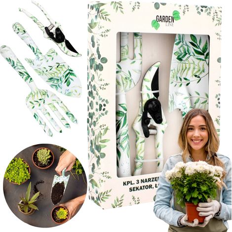 Herramientas de jardín: pala, podadora, rastrillo para sembrar, metal resistente y decorativo.