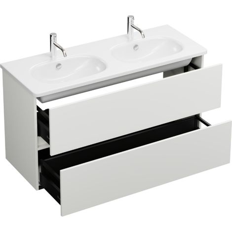 Burgbad – Meuble de salle de bain double vasque 120 cm blanc mat – Vasques en céramique – Siphon gain de place inclus – Fabrication française