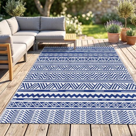 Tapis d'extérieur 182x274 cm pliable et réversible, bleu et blanc en polypropylène (1/5)