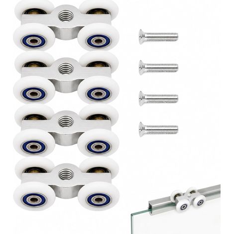 Lot de 4 roulettes pour portes coulissantes avec filetage M6, roulettes pour porte coulissante, roulettes pour porte coulissante avec 4 roues, roulettes pour porte de douche, convient pour portes en (1/5)
