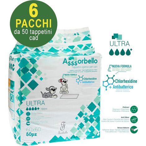 300 Asssorbello Ultra 60x60 cm Hygienematten für Hunde - 6 Packungen zu je 50 Stück.