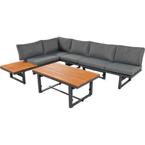 Ensemble de Salon de Jardin extérieur pour 6 Personnes,Structure en Fer thermolaqué, Dossier réglable, Bois d'acacia, Table réglable,Gris (1/5)