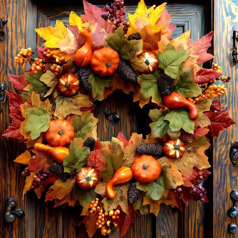 Couronne artificielle citrouille érable 45 cm, treillis feuillage, Thanksgiving cheminée porte Noël (1/5)