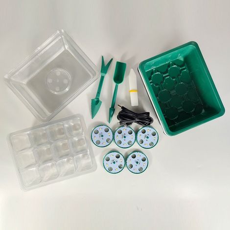 Set mit 12 LED-Pflanzenlampen, inklusive Anzuchtschale und Starterschale.