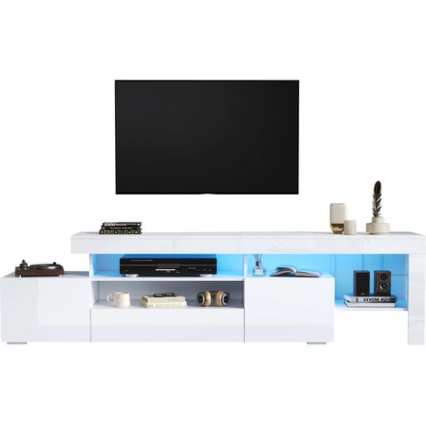 192×37×53 cm Meuble TV avec 3 placards, support TV avec LED, lowboard brillant et table TV, adapté aux téléviseurs jusqu’à 85 pouces, blanc