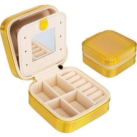 Coffret à Bijoux Mini Portable Doré - Boîte à Bijoux Voyage en Cuir Double Étage avec Miroir - Pour Bagues, Boucles d'Oreilles, Colliers, Bracelets - Écrin Cadeau pour Femmes et Filles (1/5)