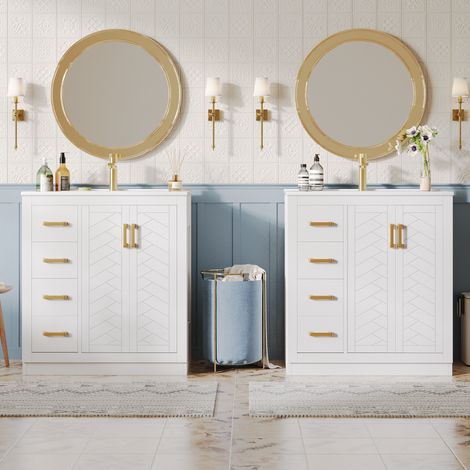 Meuble lave-mains en MDF blanc avec vasque en céramique, 76,5 x 46,5 x 84,5 cm, 3 tiroirs et rangements ouverts