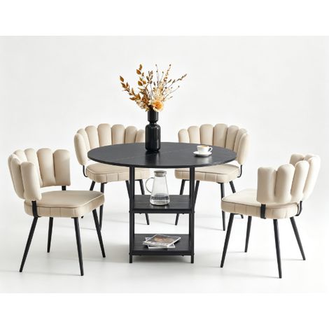 Set da pranzo rotondo 107 cm con 4 sedie imbottite e doppio ripiano, stile industriale (1/5)