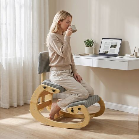Sedia ergonomica inginocchiata, sgabello inginocchiato con schienale, effetto velluto a coste, sedia da ufficio per casa, ufficio, meditazione, grigio scuro (1/5)