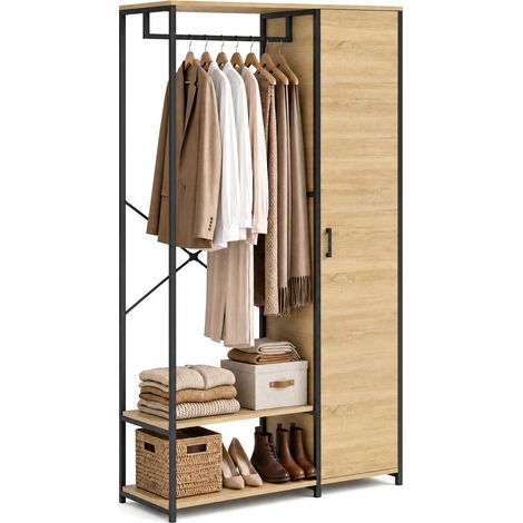 Idmarket – Dressing penderie avec porte L. 90 cm – Structure métal et panneaux de particules – Étagères ouvertes et fermées – Design industriel