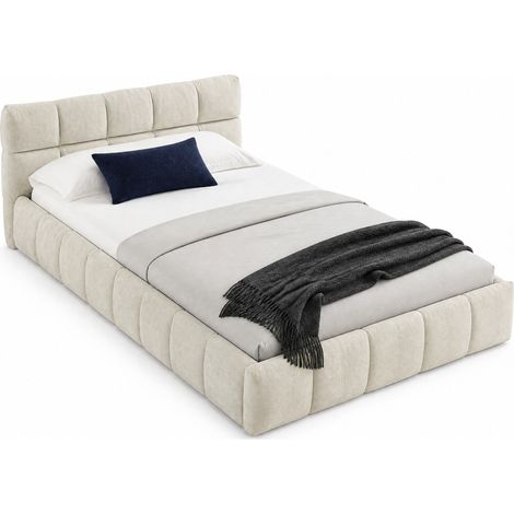 Kinder Einzelbett 90 x 200 cm aus Chenille, Holz- und Metallrahmen, Ohne Matratze, Beige