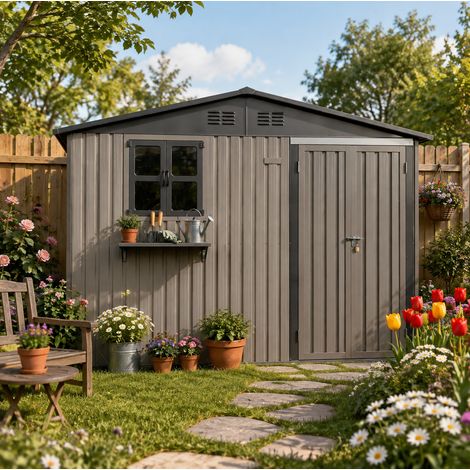 Casetta da giardino 313,1x255,4x199,9 cm, metallo marrone, porta chiudibile – MEUBLIV (1/5)