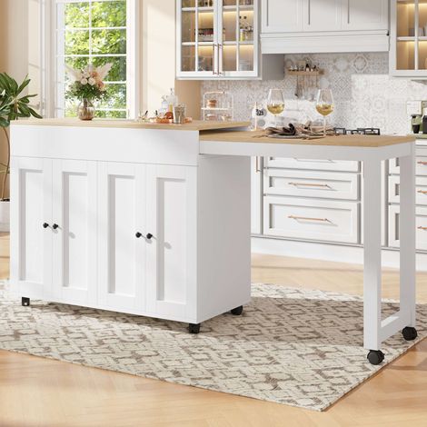 Table bar extensible blanche 117-180 x 50 x 94,6 cm avec 6 niches réglables, rangement intégré, roulettes et structure MDF (1/5)