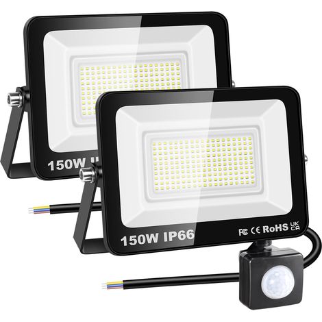 2x 150W Projecteur d'extérieur Led Avec Detecteur de Mouvement, 15000 LM 6000K Blanche Froide, IP66 étanche Éclairage de Sécurité Extérieur, Projecteur led de Patio Garage Terrasse Jardin