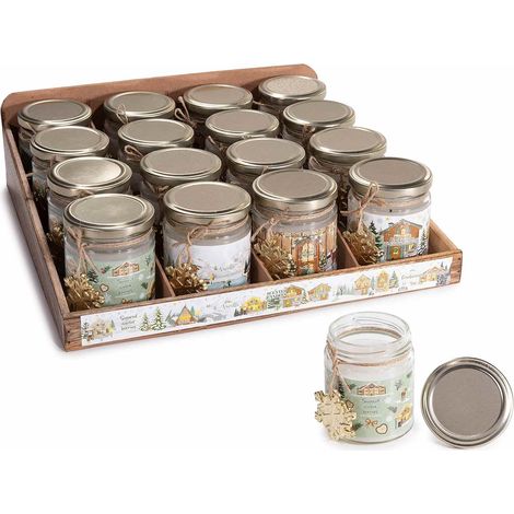 Candele di Natale profumate in vasetto di vetro con decorazione paesaggio natalizio innevato e pendaglio in metallo, set da 16 pezzi, Ø 6,5 cm x 8 H