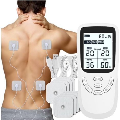 3-in-1 TENS/EMS Zweikanal-Muskelstimulator, ideal zur Schmerzlinderung und Stimulation von Bauch-, Gesäß- und Brustmuskulatur, mit 36 Massageprogrammen und 8 Elektroden.