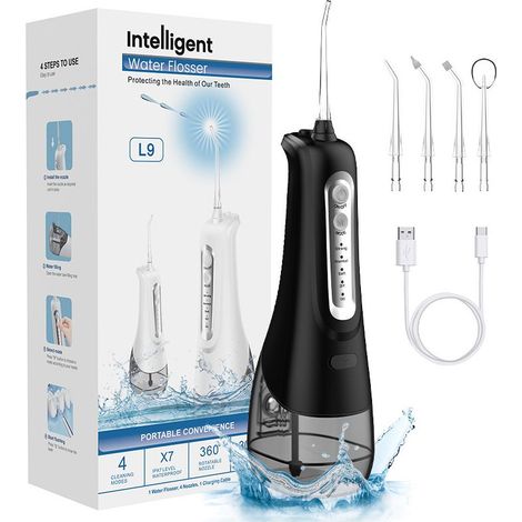 Hydropulseur dentaire sans fil, 4 modes de nettoyage, 4 conseils de jet, IPX7 étanche et USB Rechargeable Nettoyeur dentaire électrique pour voyage et homful, orthodontique, soins dentaires, Noir (1/5)