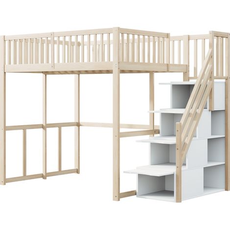 Letto a soppalco 140 x 200 cm in legno di pino con scala contenitore e parapetto HOMVRA (1/5)