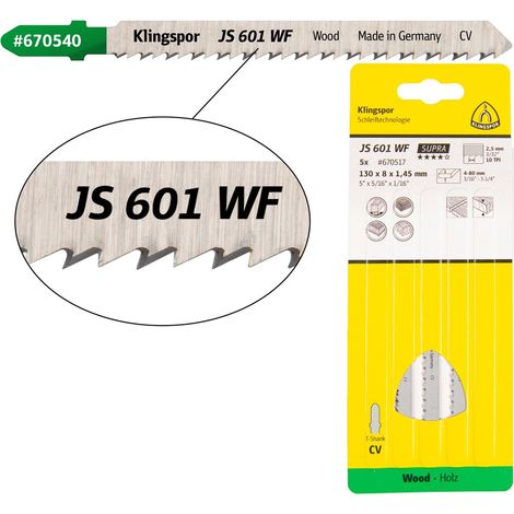 Klingspor JS 601 WF Stichsägeblätter, 130 x 8 x 1,45 mm Nutzlänge 110Crom-Vanadium, kreuzgeschliffen, konisch , 10 Zähne pro Zoll, SB-verpackt im Kart