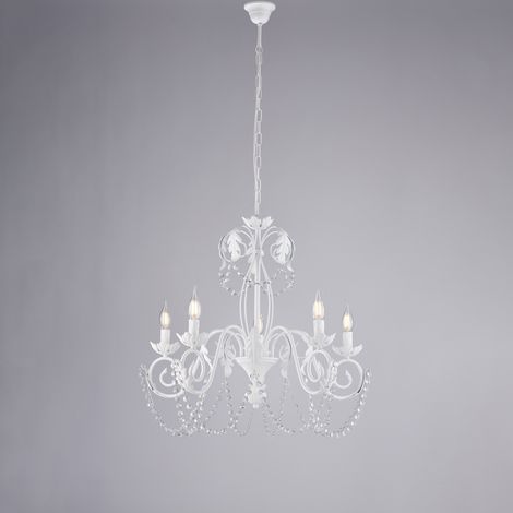 Damasco Lustre En Fer Laqué Blanc Déco Effet Shabby Chic Et Strass Cristal 5 Lumières 125 D.63 Bl77-5-Bco