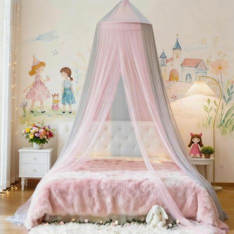 Ciel de lit bicolore - Moustiquaire - Rose et gris - Décoration de chambre de fille - Protection contre les insectes - Baldaquin suspendu pour adultes et bébés - Porte simple (1/5)