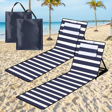 TolleTour 2x Strandmatte mit Rückenlehne Gepolstert klappbar UV-beständig Tasche Reißverschluss Kissen Tragegurt Garten Camping Picknick Liegematte 158 x 55cm, Blau-weiß gestreift