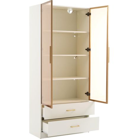 Meuble de salle de bain, moyen, avec bande lumineuse, largeur 75 cm, avec 2 grands tiroirs et 2 portes, porte vitrée (1/5)