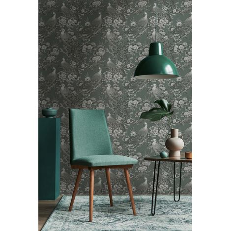 Papier peint paon, oiseaux, vert gris, salon, chambre à coucher, tête de lit, 399821 (1/4)