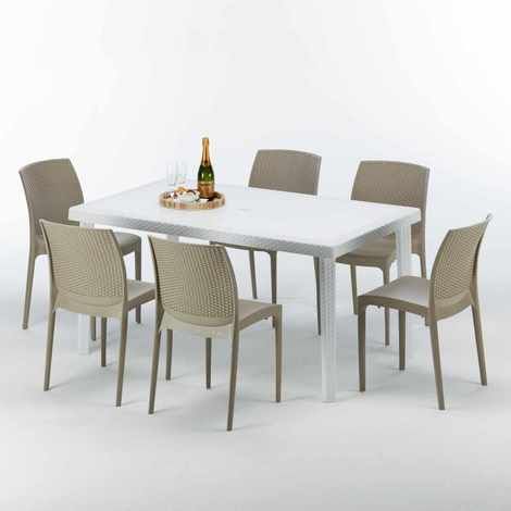 Table Rectangulaire Blanche 150x90cm Avec 6 Chaises Colorées Grand Soleil Set Extérieur Bar Café Boheme SummerLIFE - Beige (1/5)