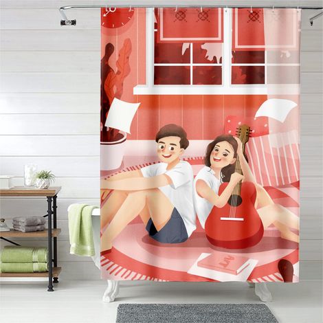 Rideau de douche couple mignon, œillets plastique, polyester, lavable (1/5)